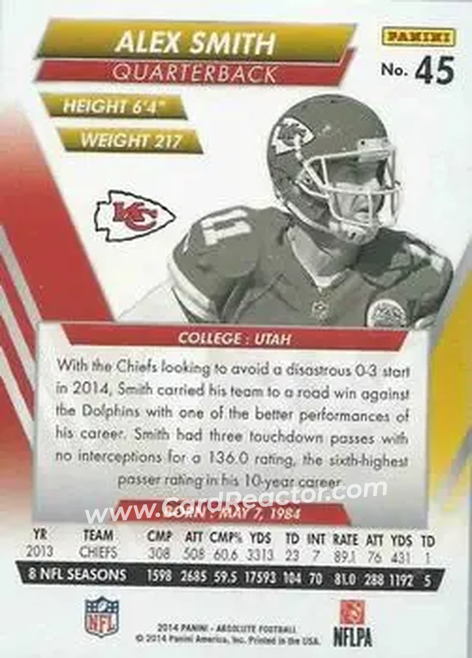 2014 Panini Absolute #45 - Alex Smith - Kansas City Chiefs - Back
