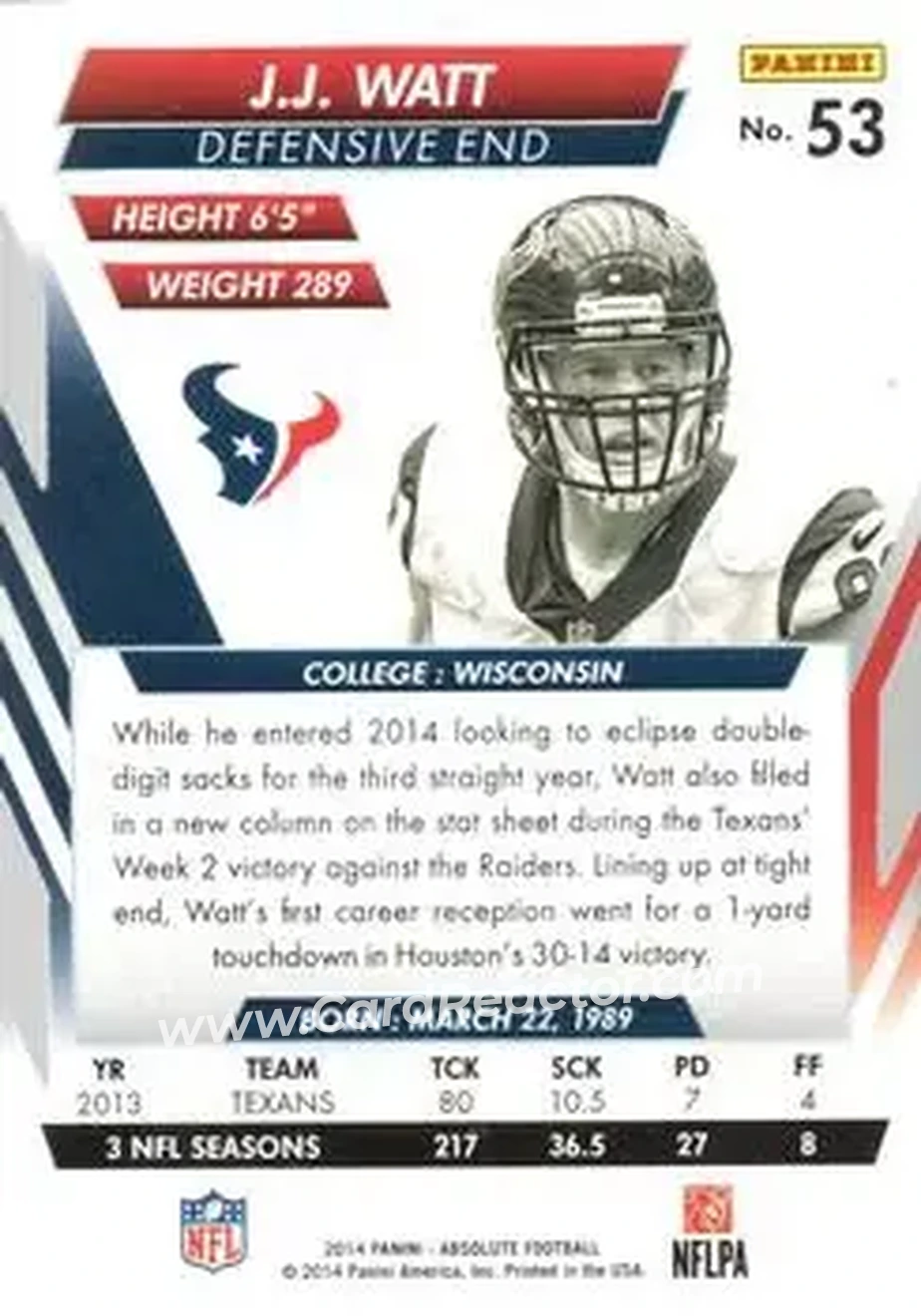 2014 Panini Absolute #53 - J.J. Watt - Houston Texans - Back