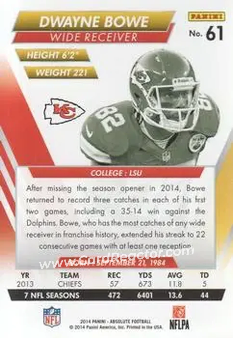 2014 Panini Absolute #61 - Dwayne Bowe - Kansas City Chiefs - Back