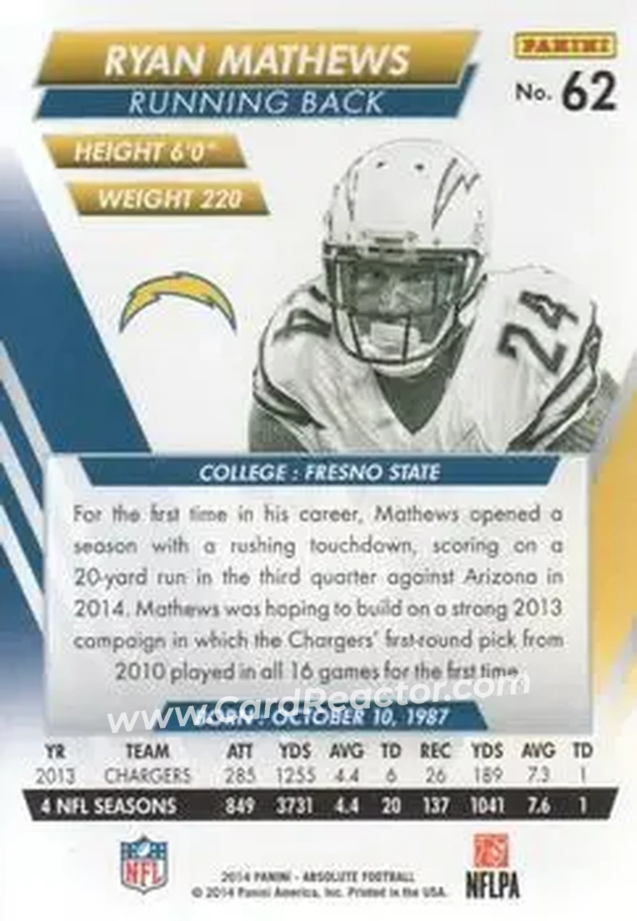 2014 Panini Absolute #62 - Ryan Mathews - San Diego Chargers - Back
