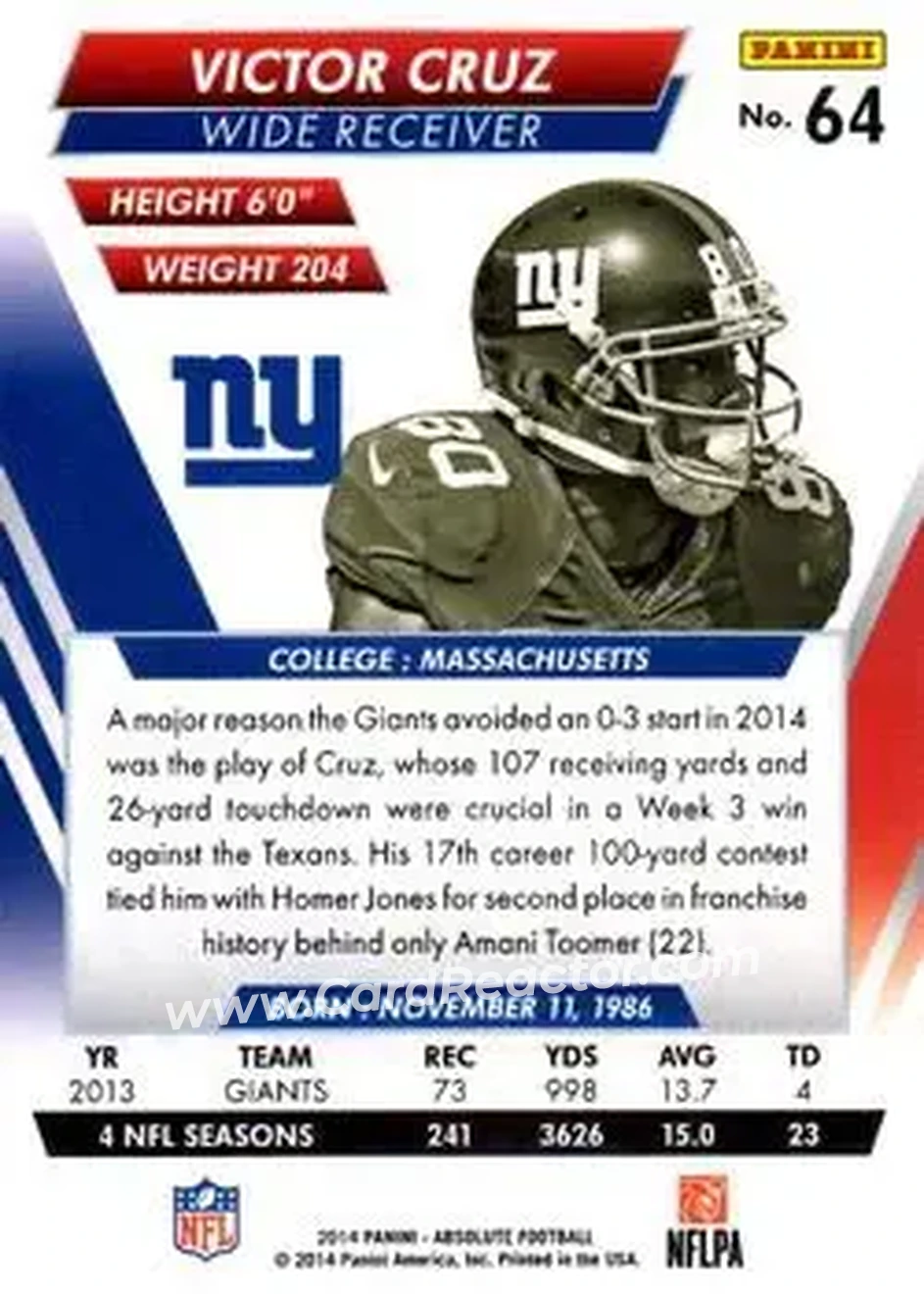 2014 Panini Absolute #64 - Victor Cruz - New York Giants - Back