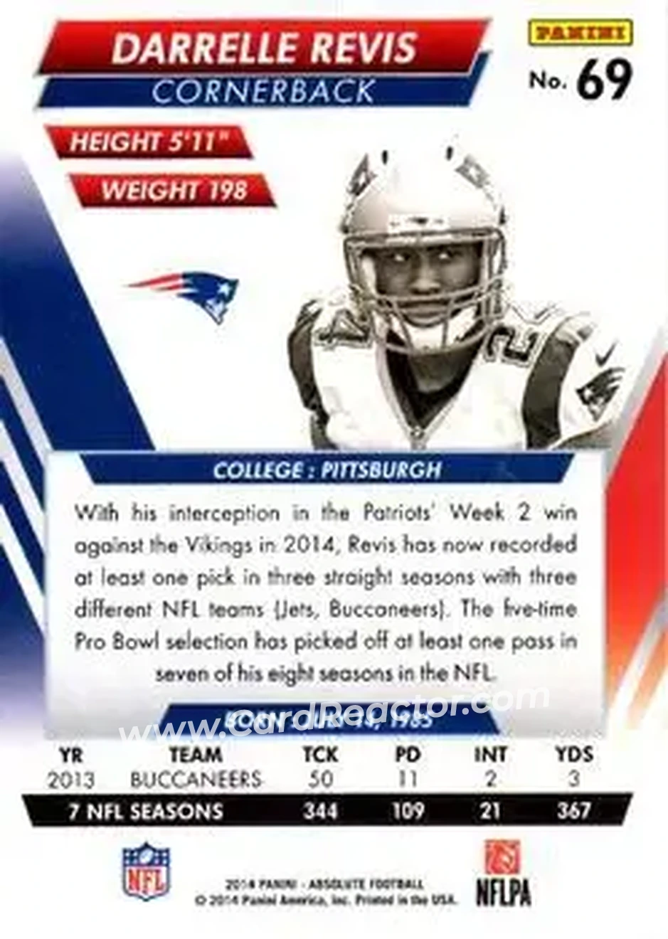 2014 Panini Absolute #69 - Darrelle Revis - New England Patriots - Back