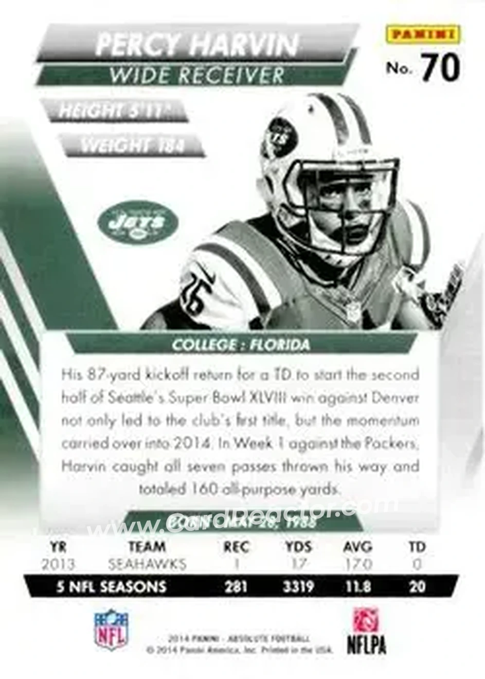 2014 Panini Absolute #70 - Percy Harvin - New York Jets - Back