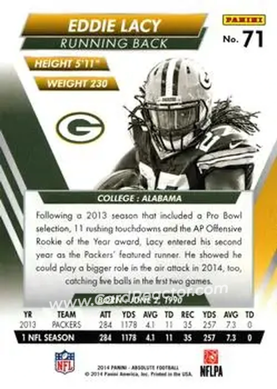 2014 Panini Absolute #71 - Eddie Lacy - Green Bay Packers - Back 2014 Panini Absolute #71 - Eddie Lacy - Green Bay Packers - Back