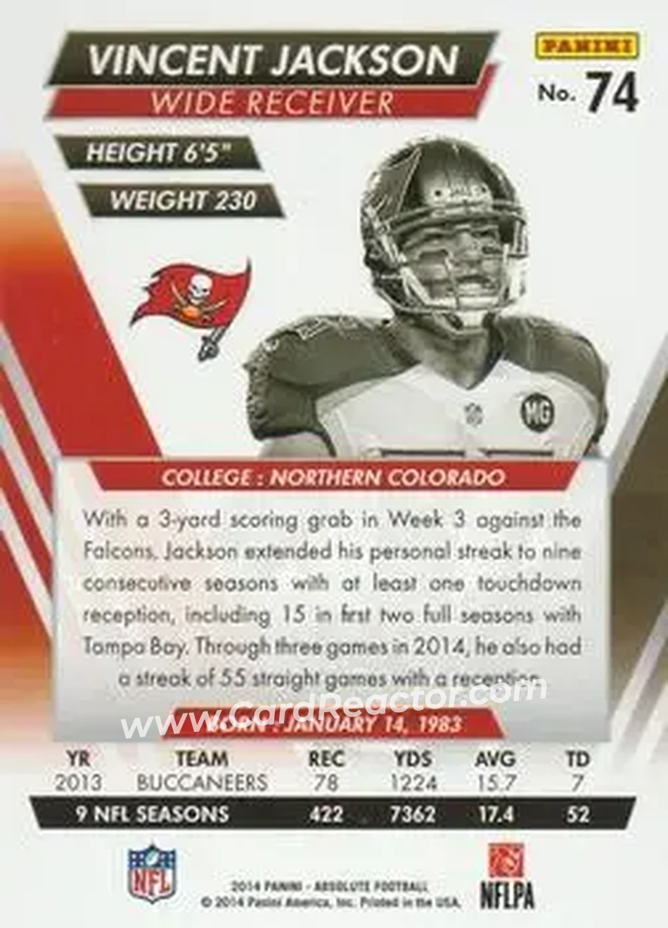 2014 Panini Absolute #74 - Vincent Jackson - Tampa Bay Buccaneers - Back