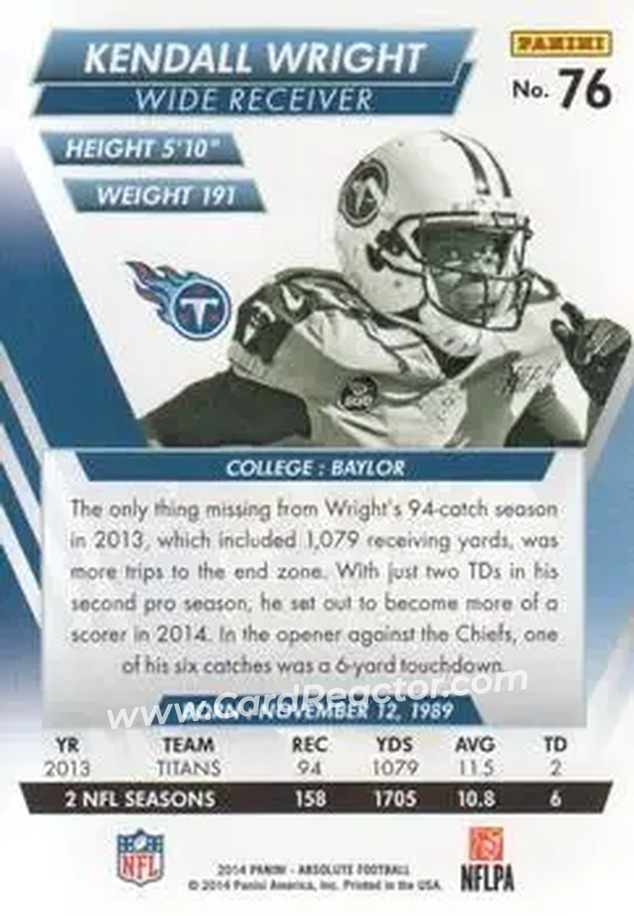2014 Panini Absolute #76 - Kendall Wright - Tennessee Titans - Back