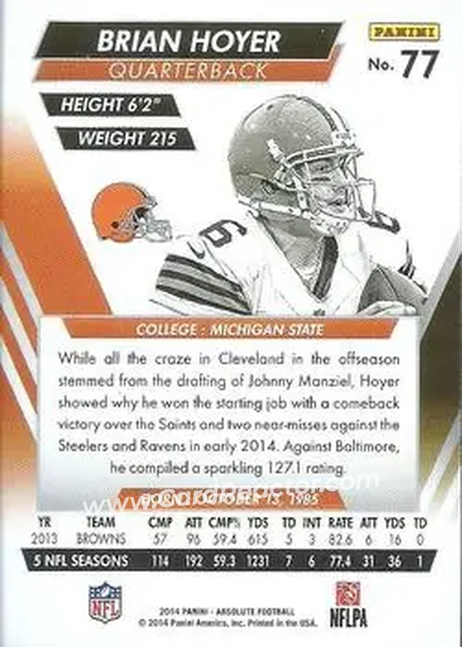 2014 Panini Absolute #77 - Brian Hoyer - Cleveland Browns - Back