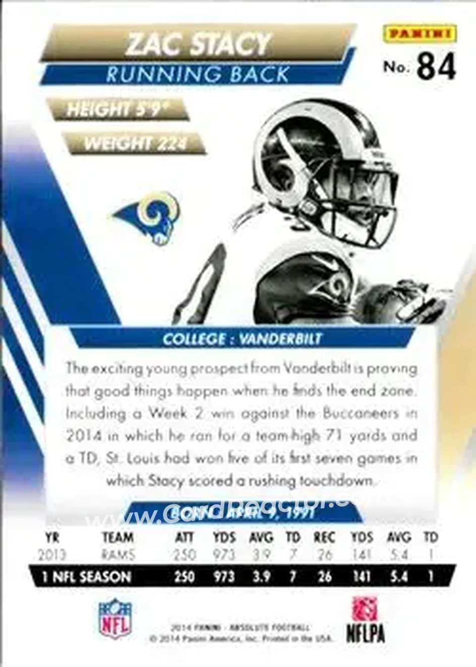 2014 Panini Absolute #84 - Zac Stacy - St. Louis Rams - Back