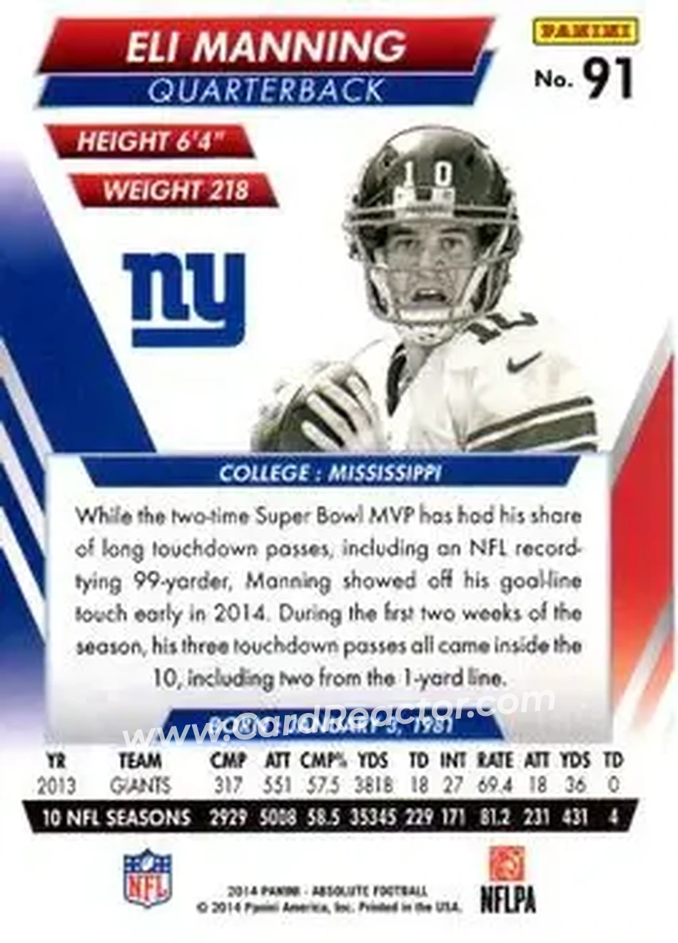2014 Panini Absolute #91 - Eli Manning - New York Giants - Back