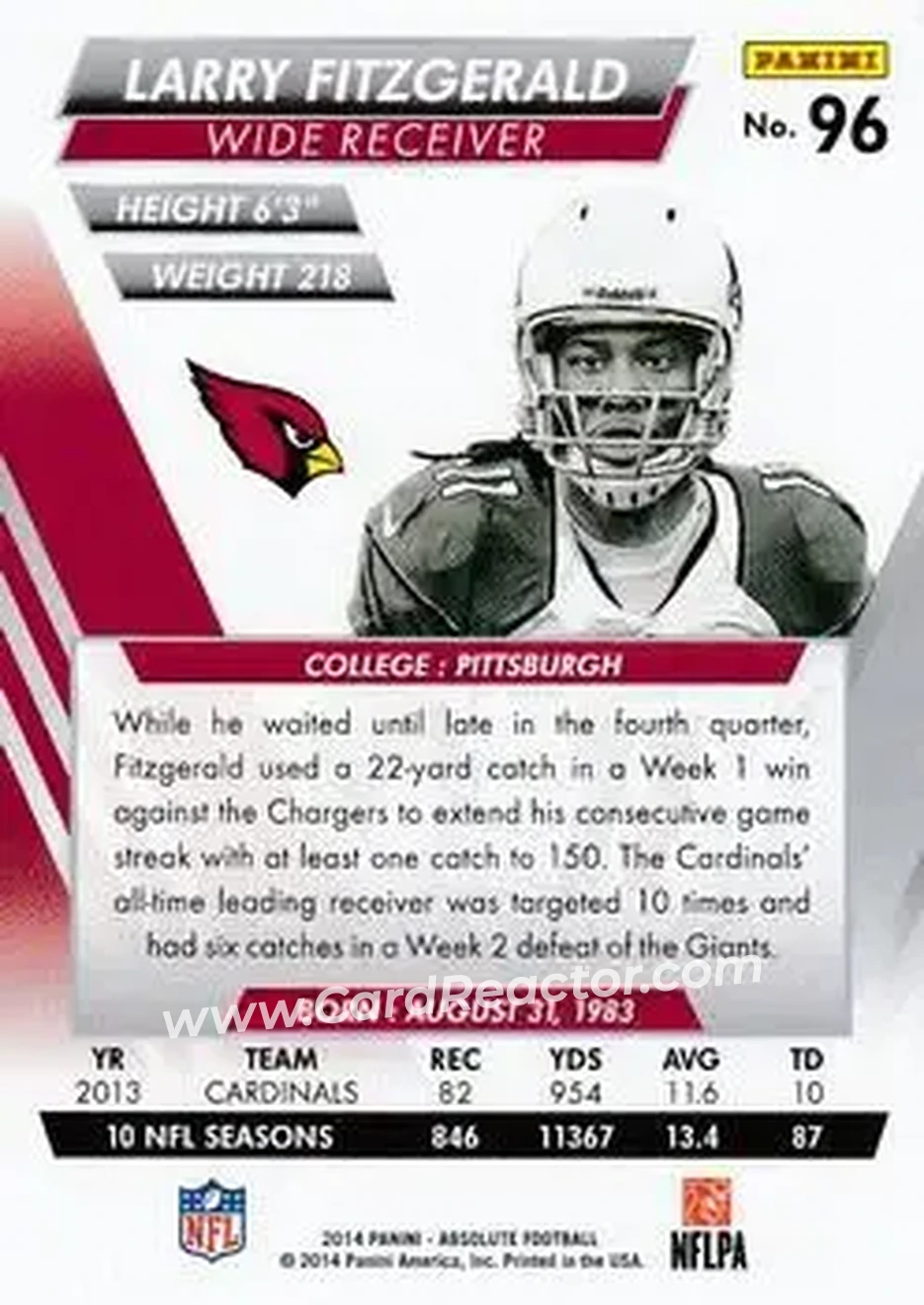 2014 Panini Absolute #96 - Larry Fitzgerald - Arizona Cardinals - Back