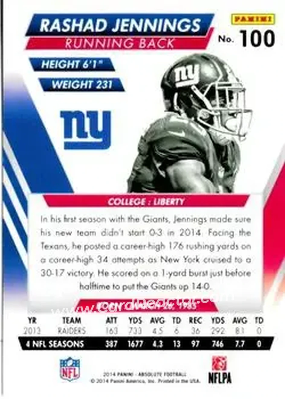 2014 Panini Absolute #100 - Rashad Jennings - New York Giants - Back