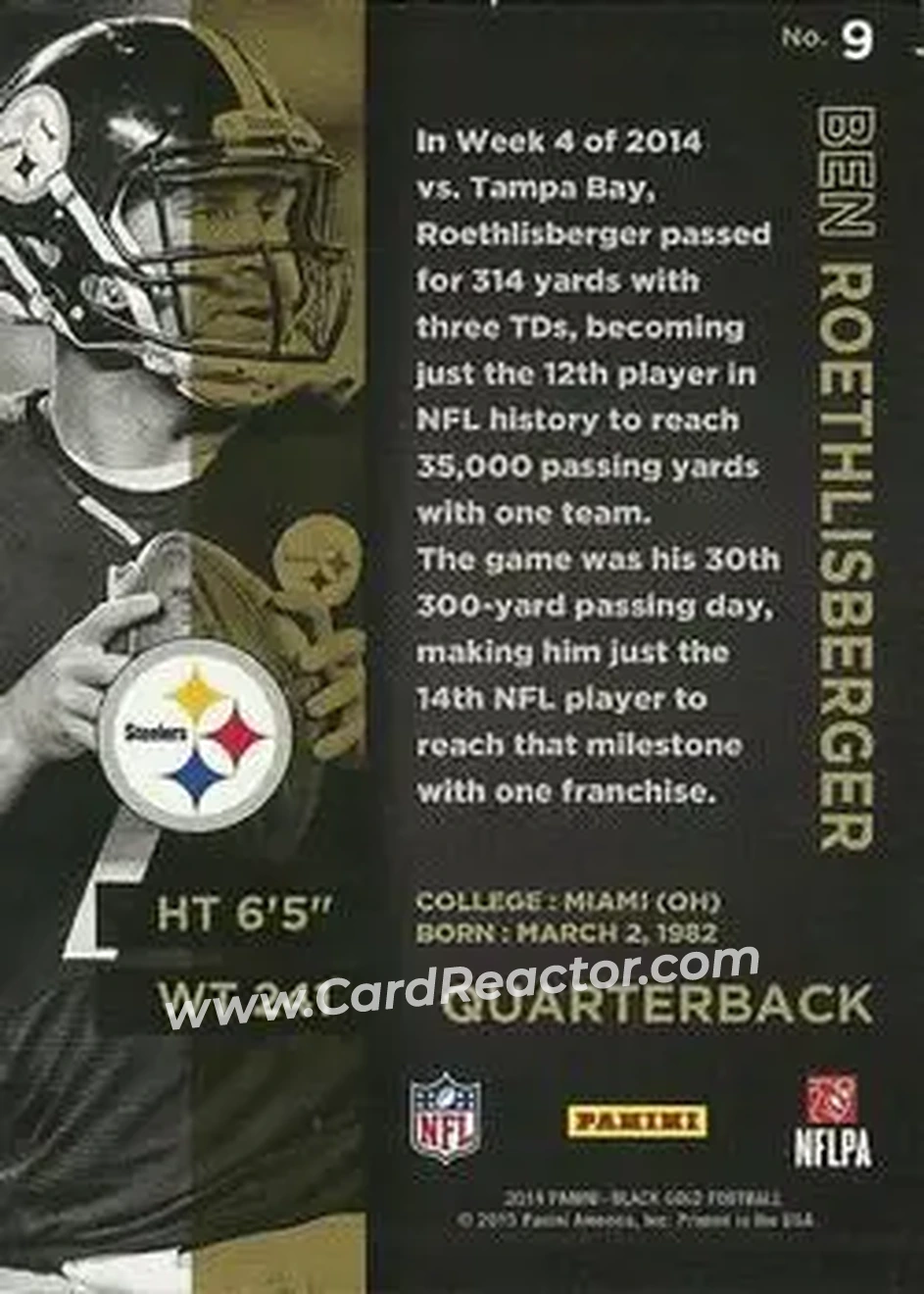 2014 Panini Black Gold #9 - Ben Roethlisberger - Pittsburgh Steelers - Back