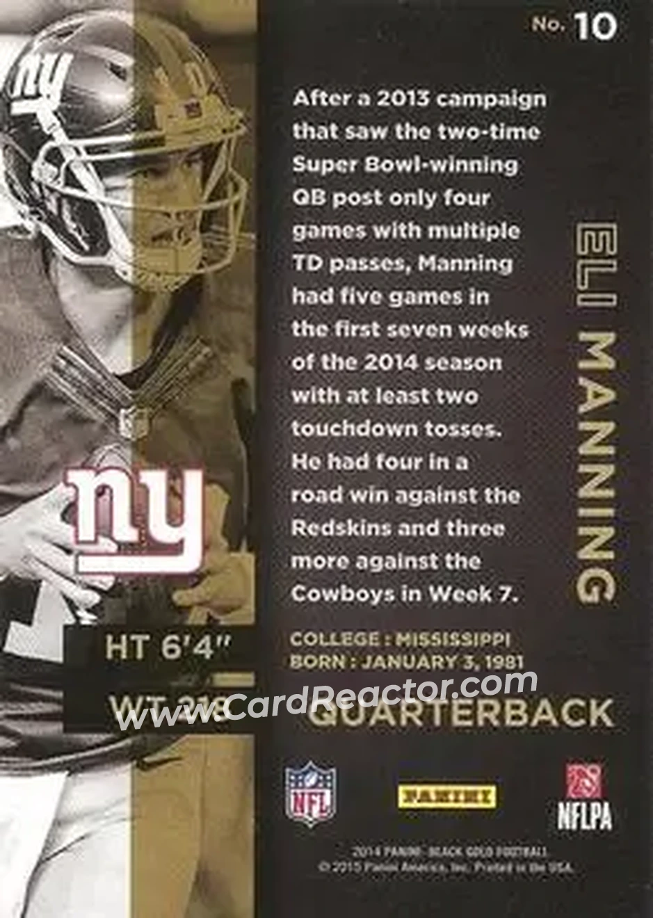 2014 Panini Black Gold #10 - Eli Manning - New York Giants - Back