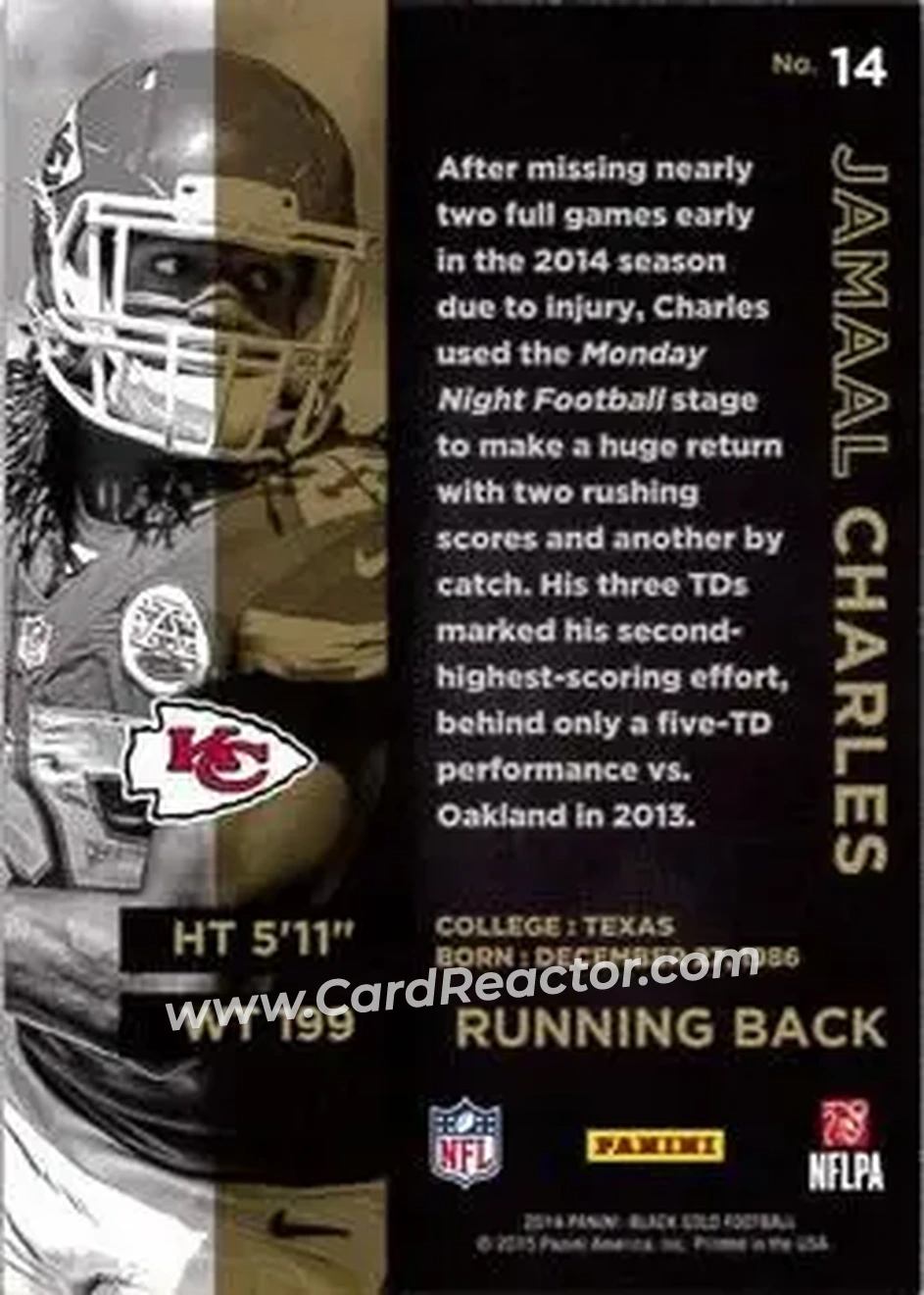 2014 Panini Black Gold #14 - Jamaal Charles - Kansas City Chiefs - Back