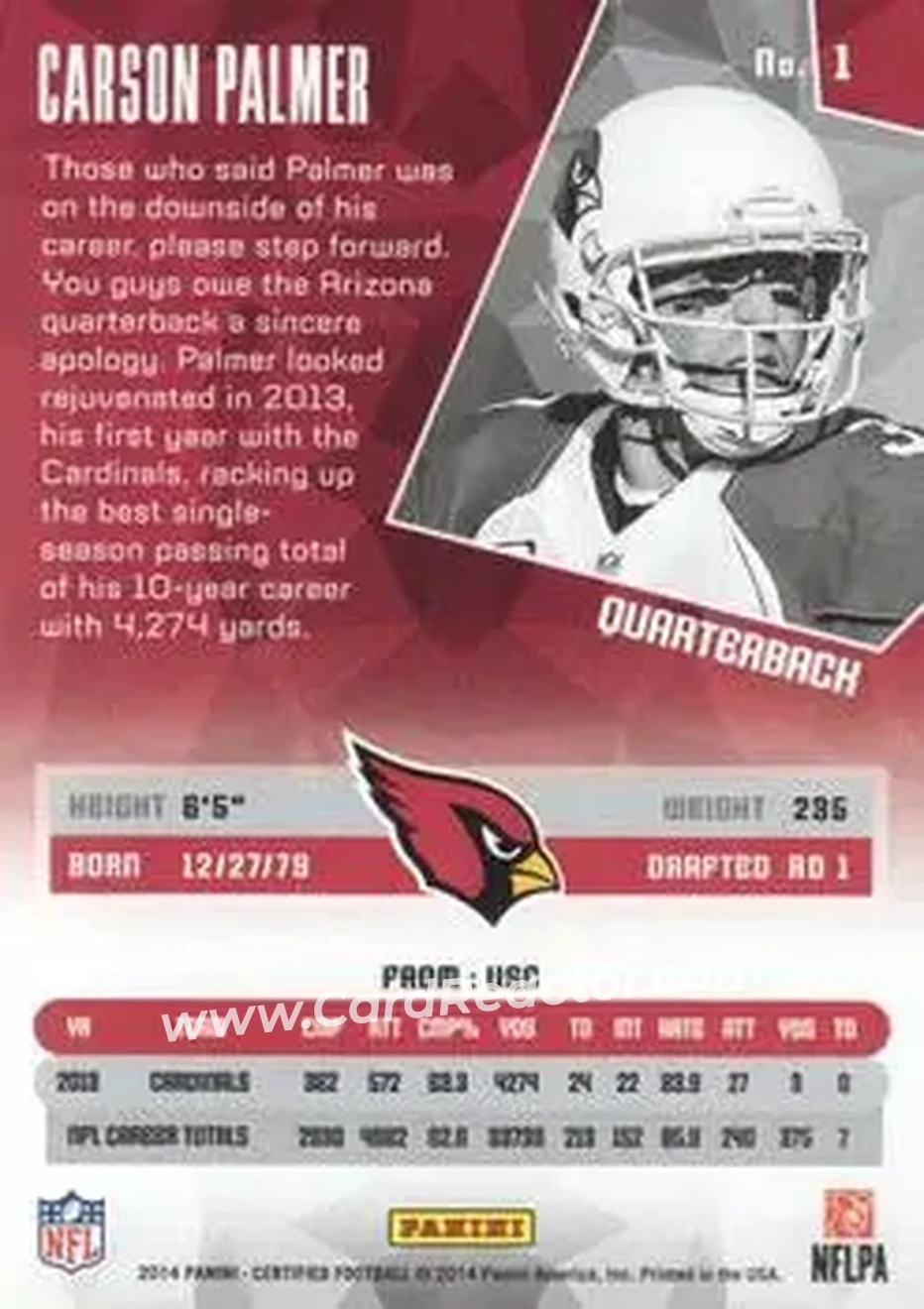 2014 Panini Certified #1 - Carson Palmer - Arizona Cardinals - Back