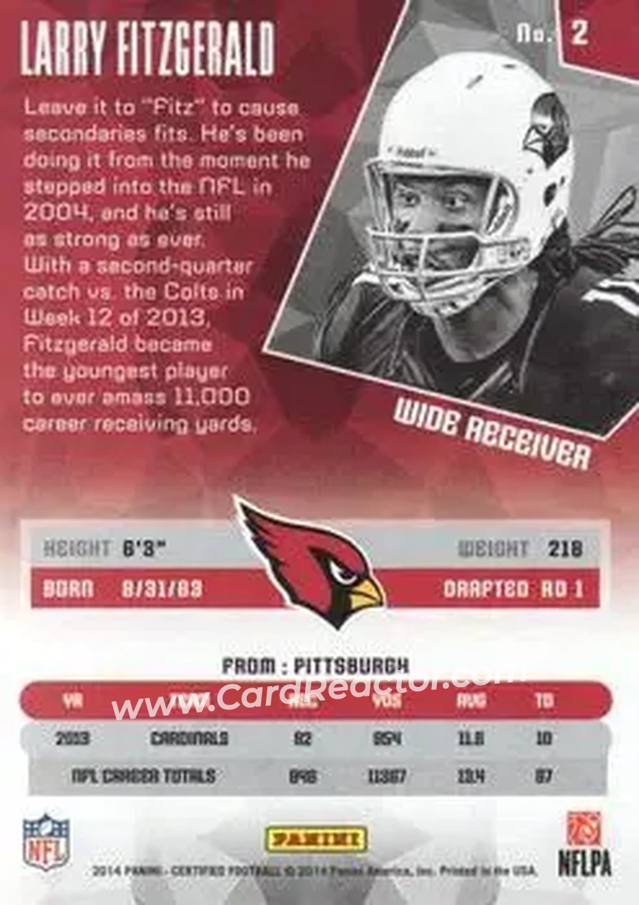 2014 Panini Certified #2 - Larry Fitzgerald - Arizona Cardinals - Back