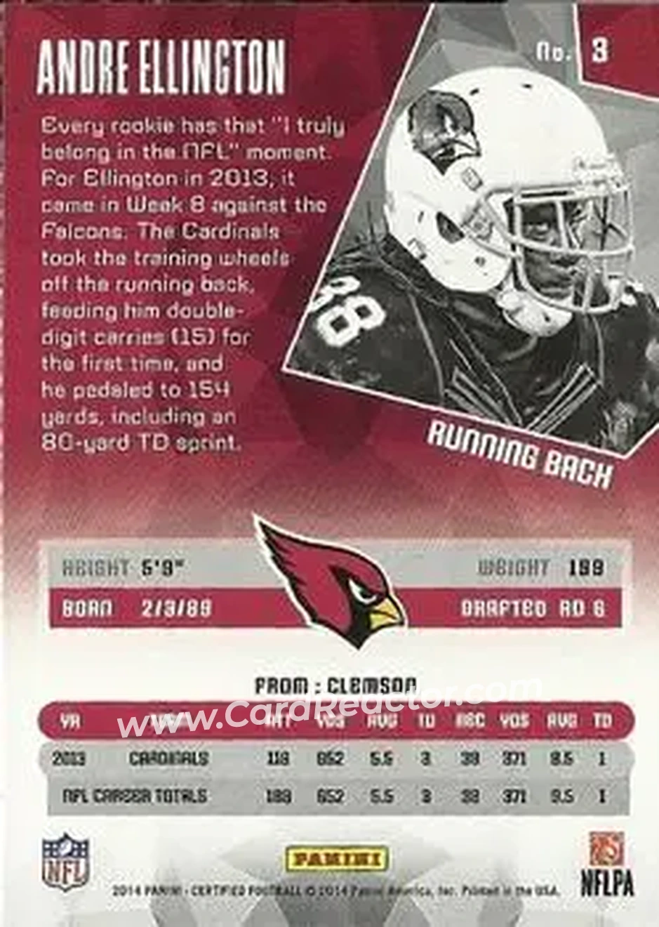 2014 Panini Certified #3 - Andre Ellington - Arizona Cardinals - Back