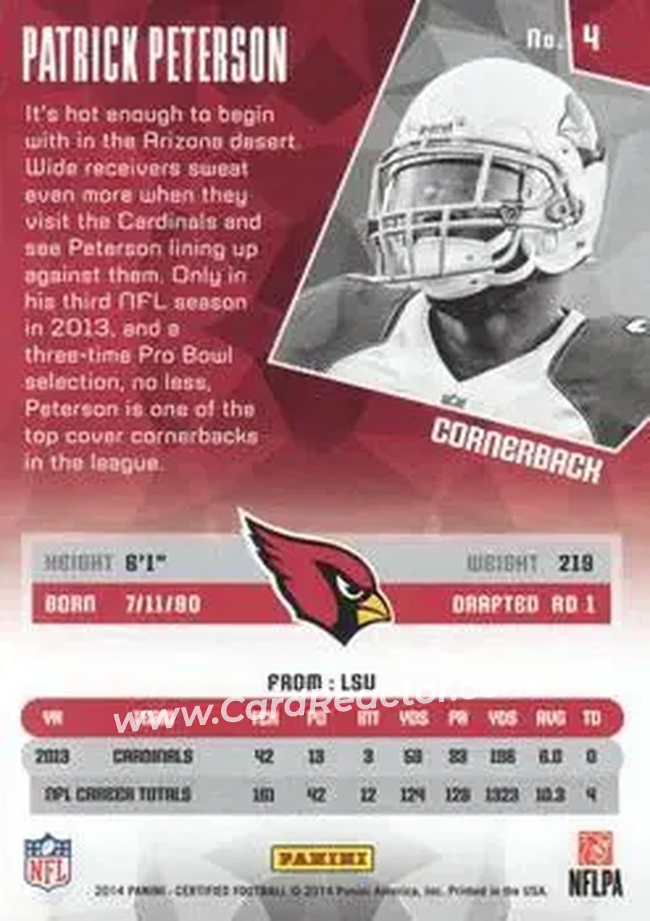 2014 Panini Certified #4 - Patrick Peterson - Arizona Cardinals - Back