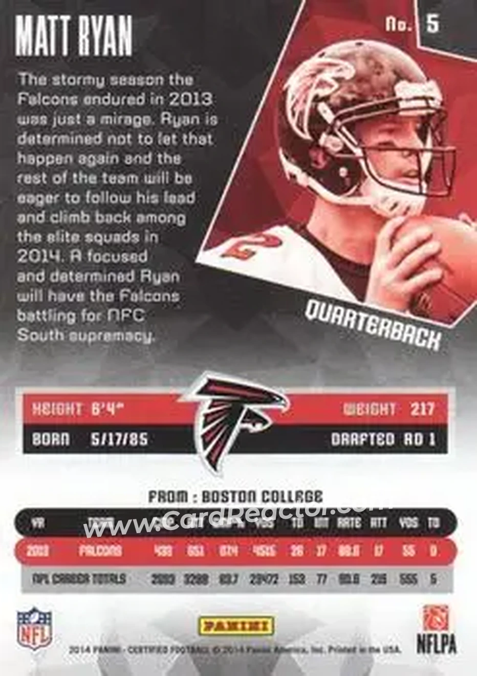 2014 Panini Certified #5 - Matt Ryan - Atlanta Falcons - Back 2014 Panini Certified #5 - Matt Ryan - Atlanta Falcons - Back
