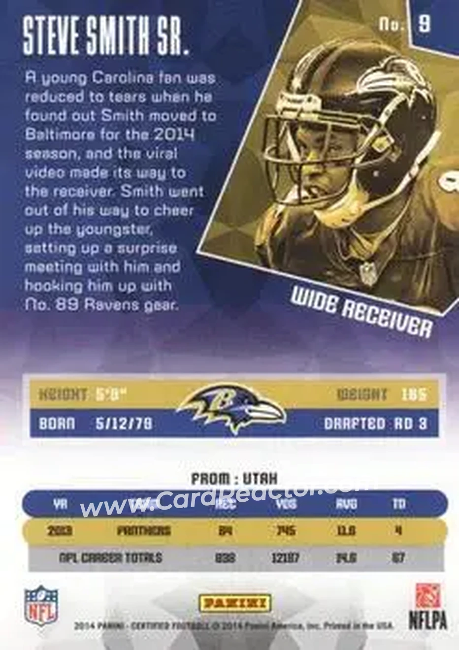 2014 Panini Certified #9 - Steve Smith Sr. - Baltimore Ravens - Back