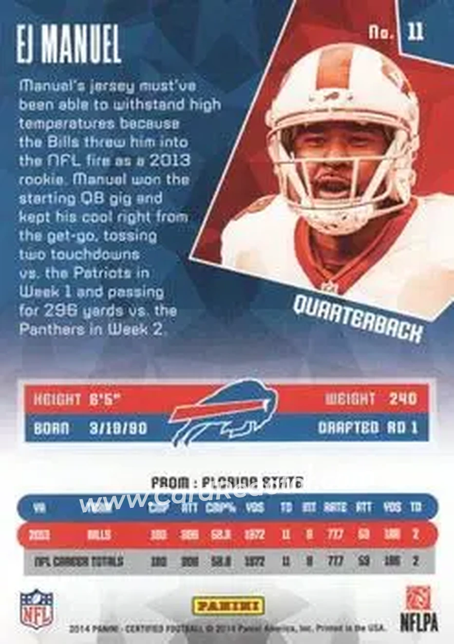 2014 Panini Certified #11 - EJ Manuel - Buffalo Bills - Back