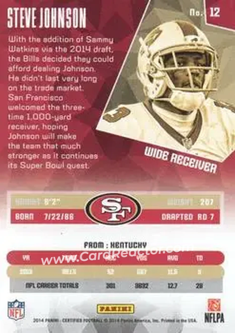 2014 Panini Certified #12 - Steve Johnson - San Francisco 49ers - Back