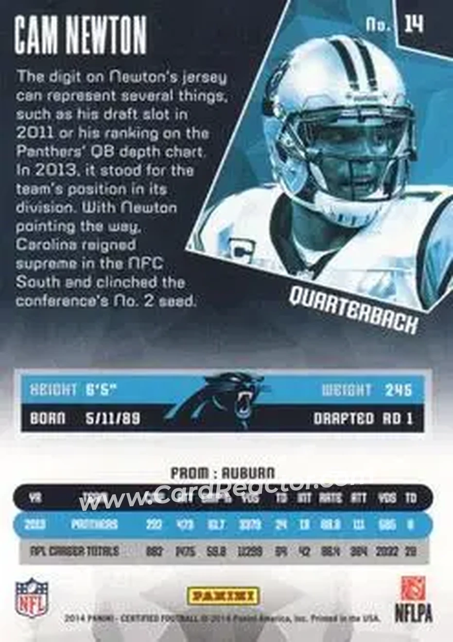 2014 Panini Certified #14 - Cam Newton - Carolina Panthers - Back