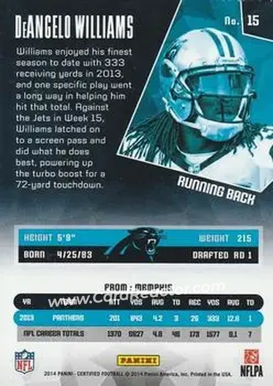 2014 Panini Certified #15 - DeAngelo Williams - Carolina Panthers - Back
