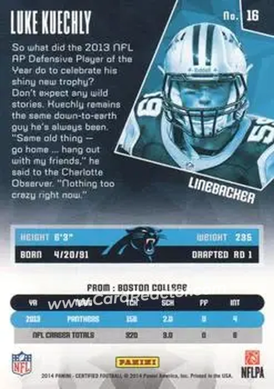 2014 Panini Certified #16 - Luke Kuechly - Carolina Panthers - Back