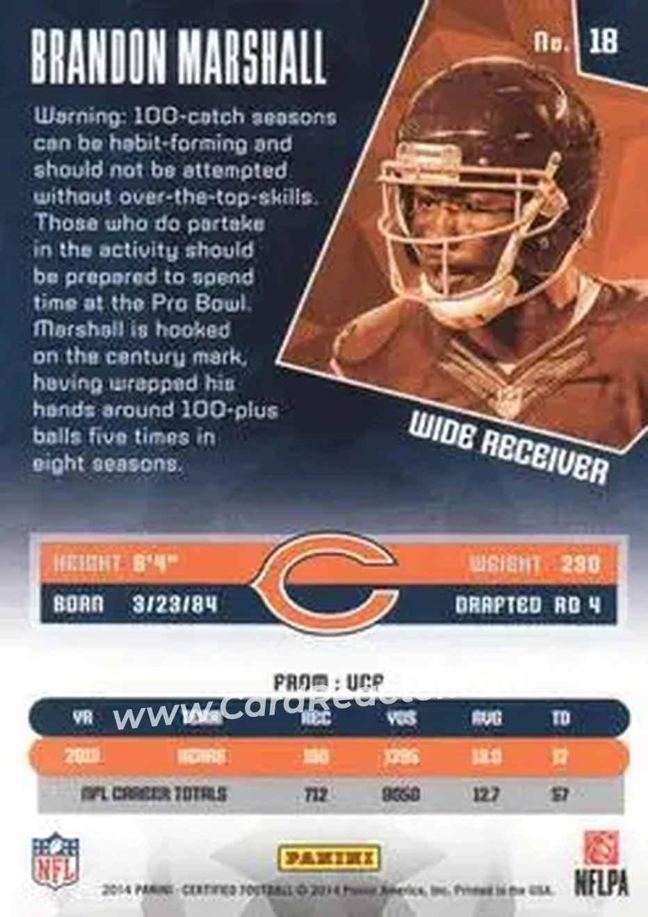 2014 Panini Certified #18 - Brandon Marshall - Chicago Bears - Back