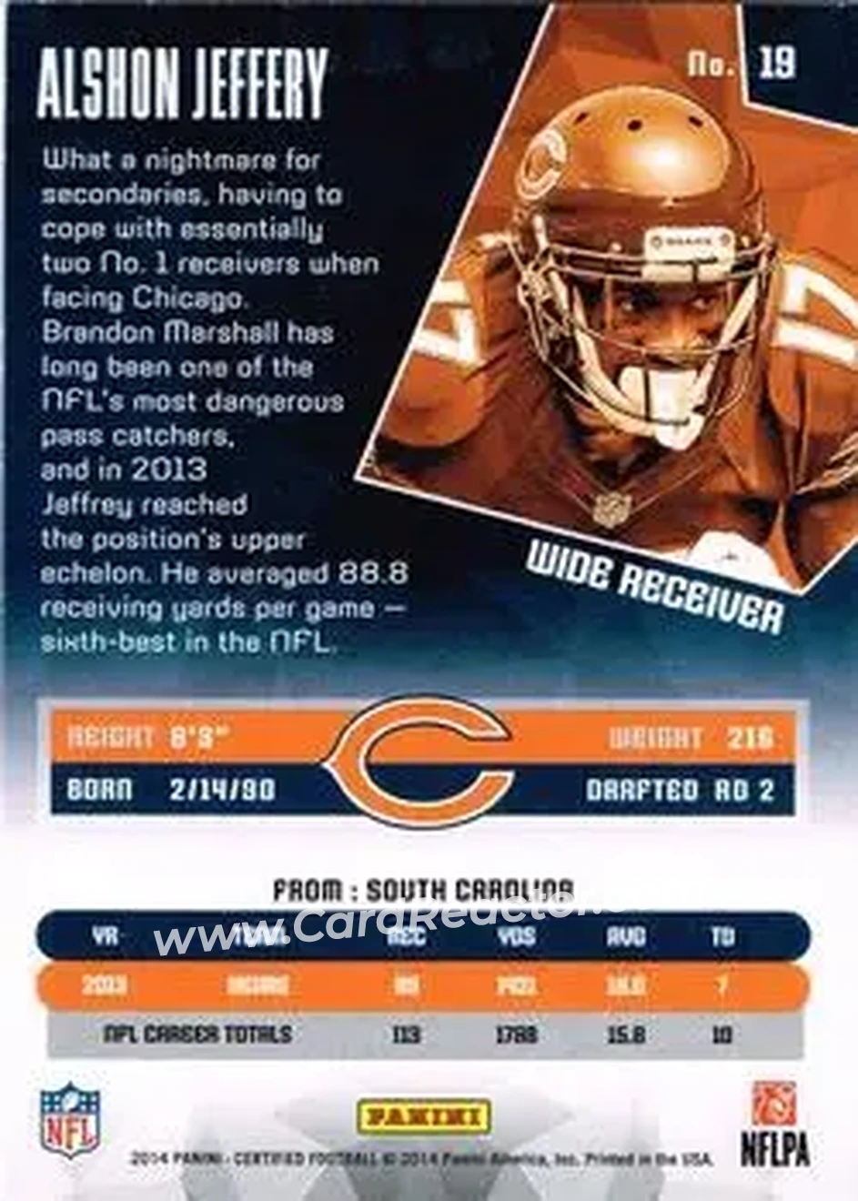 2014 Panini Certified #19 - Alshon Jeffery - Chicago Bears - Back
