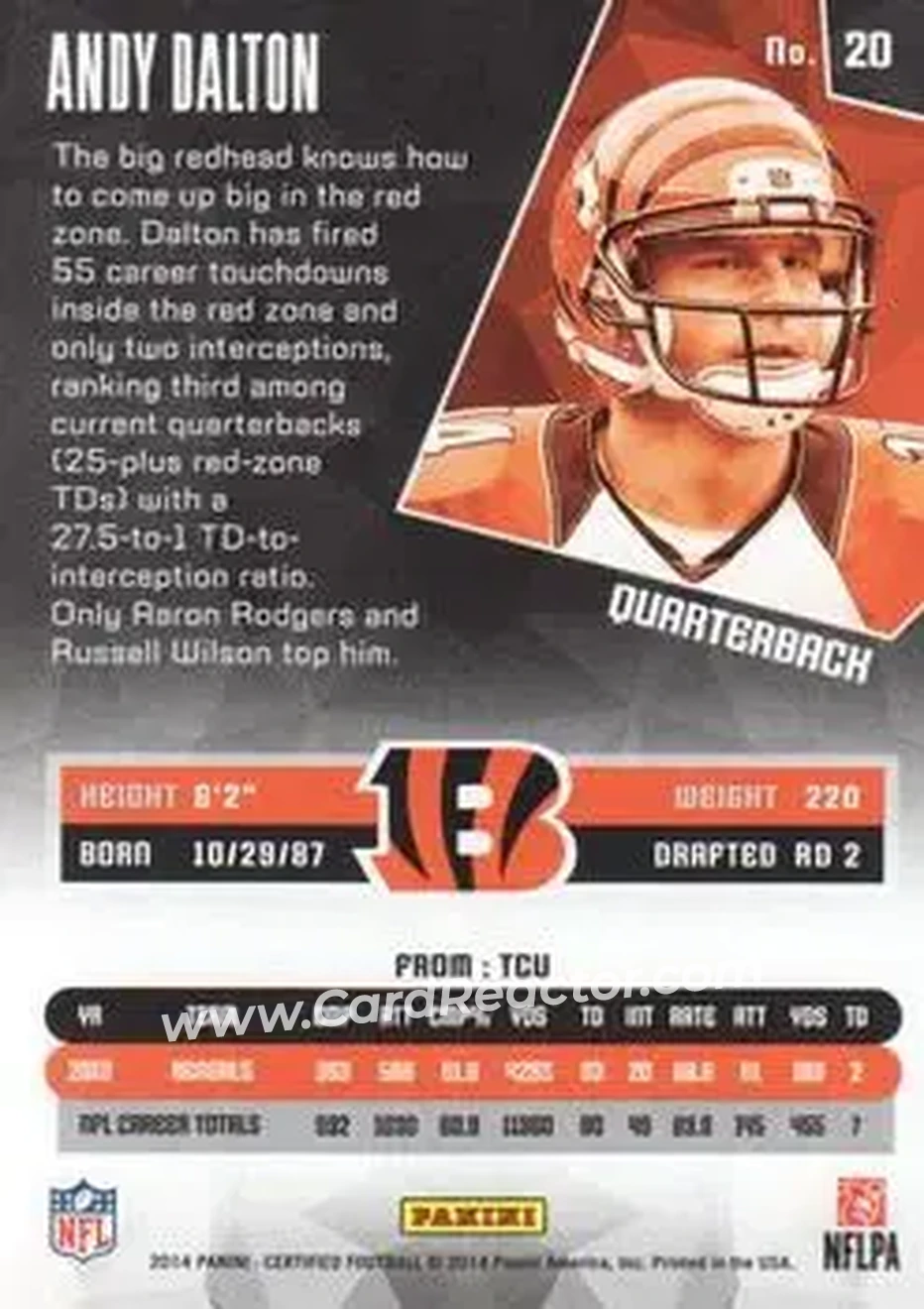 2014 Panini Certified #20 - Andy Dalton - Cincinnati Bengals - Back