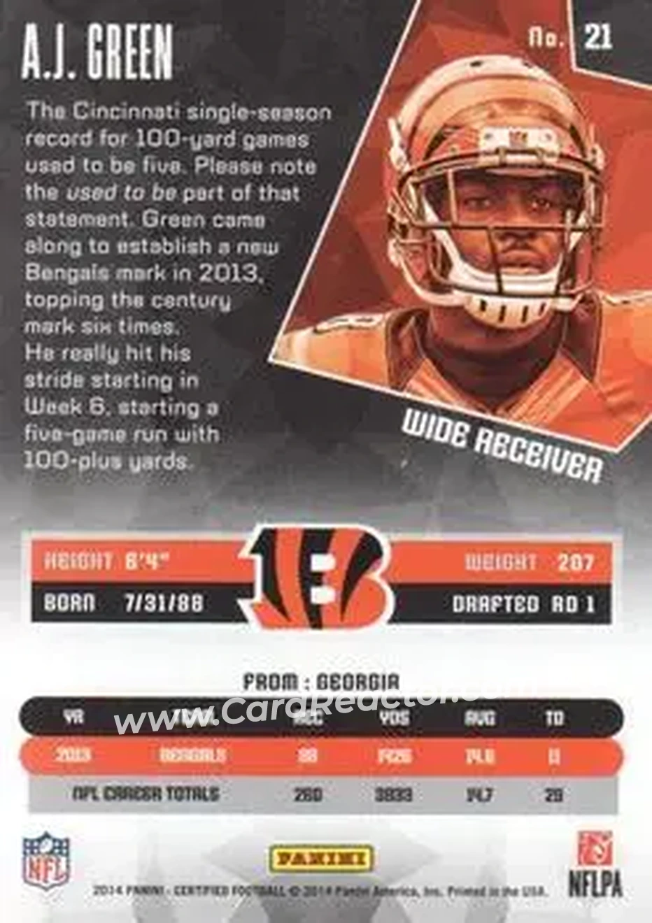 2014 Panini Certified #21 - A.J. Green - Cincinnati Bengals - Back