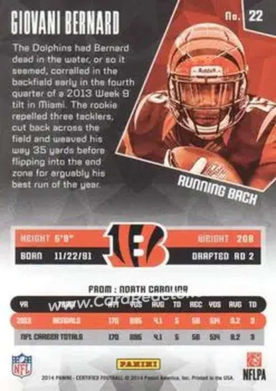 2014 Panini Certified #22 - Giovani Bernard - Cincinnati Bengals - Back