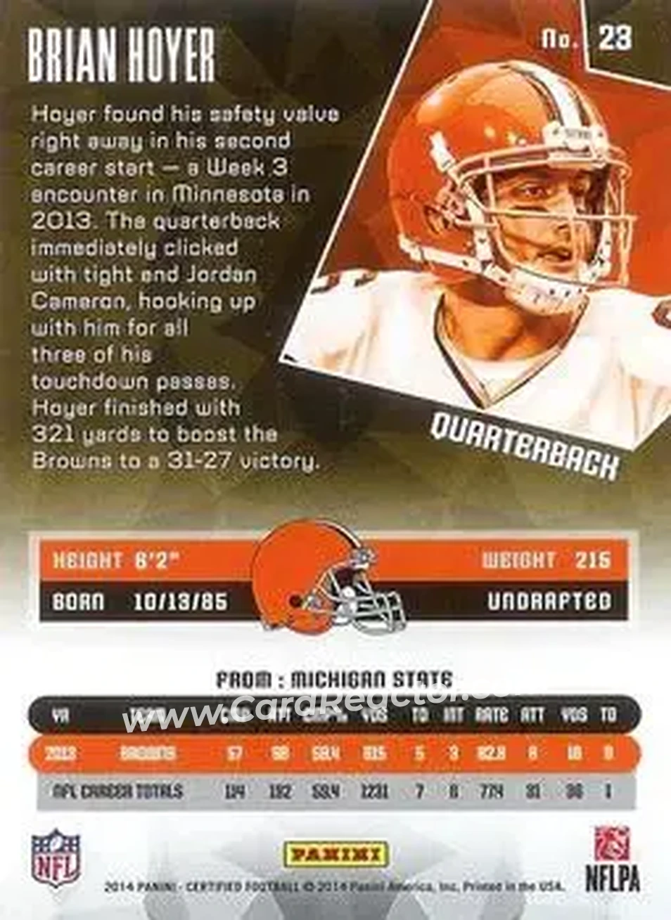 2014 Panini Certified #23 - Brian Hoyer - Cleveland Browns - Back