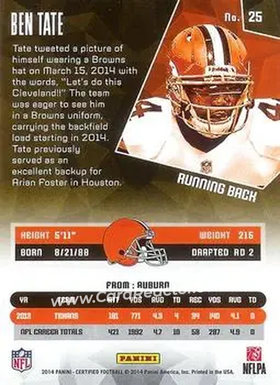 2014 Panini Certified #25 - Ben Tate - Cleveland Browns - Back