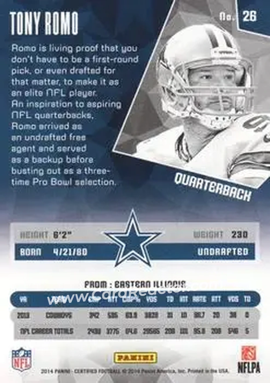 2014 Panini Certified #26 - Tony Romo - Dallas Cowboys - Back