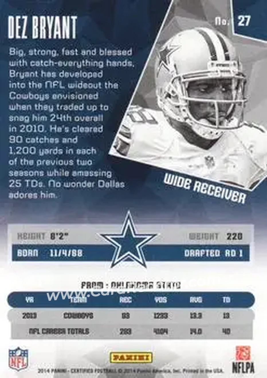 2014 Panini Certified #27 - Dez Bryant - Dallas Cowboys - Back