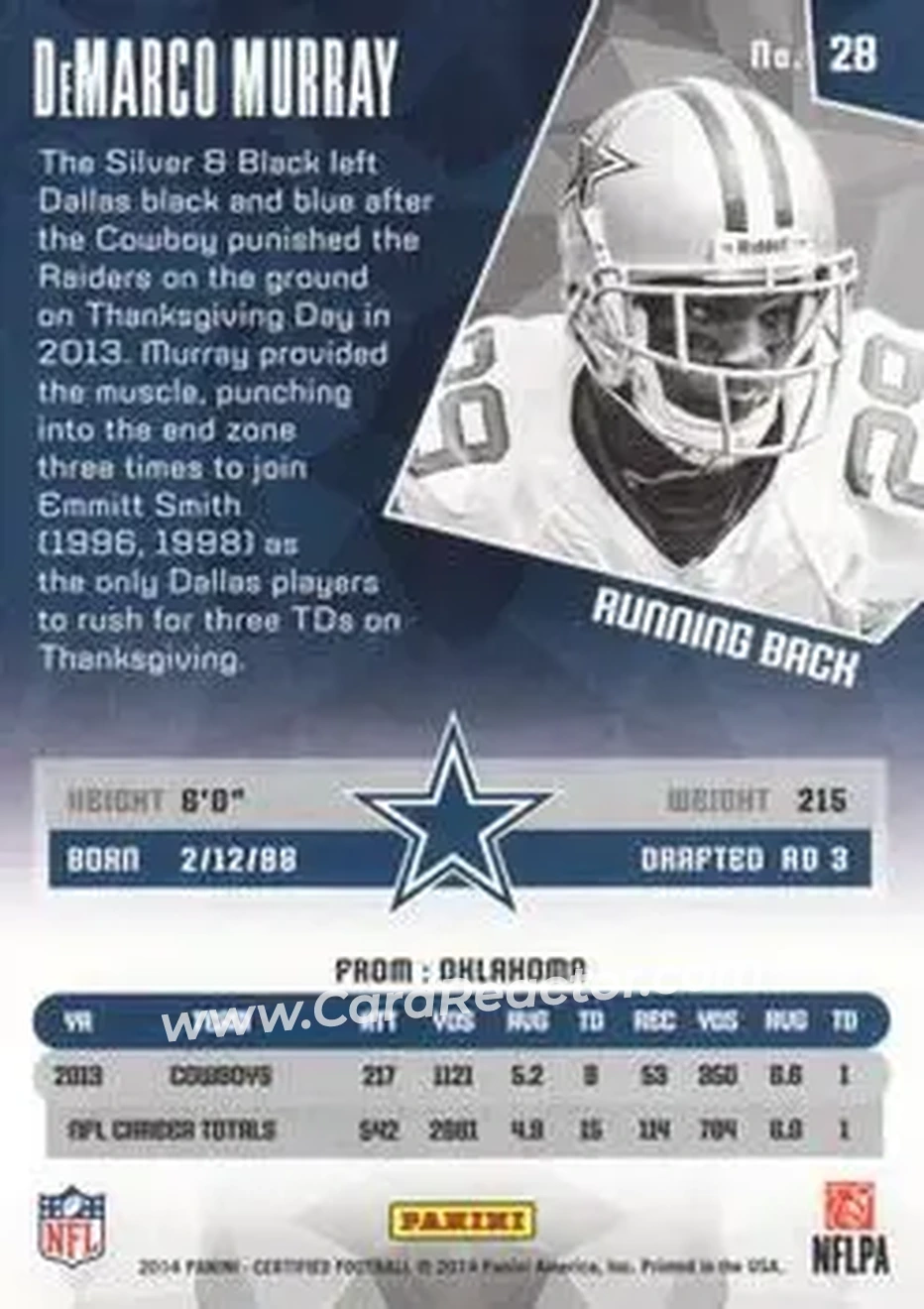 2014 Panini Certified #28 - DeMarco Murray - Dallas Cowboys - Back
