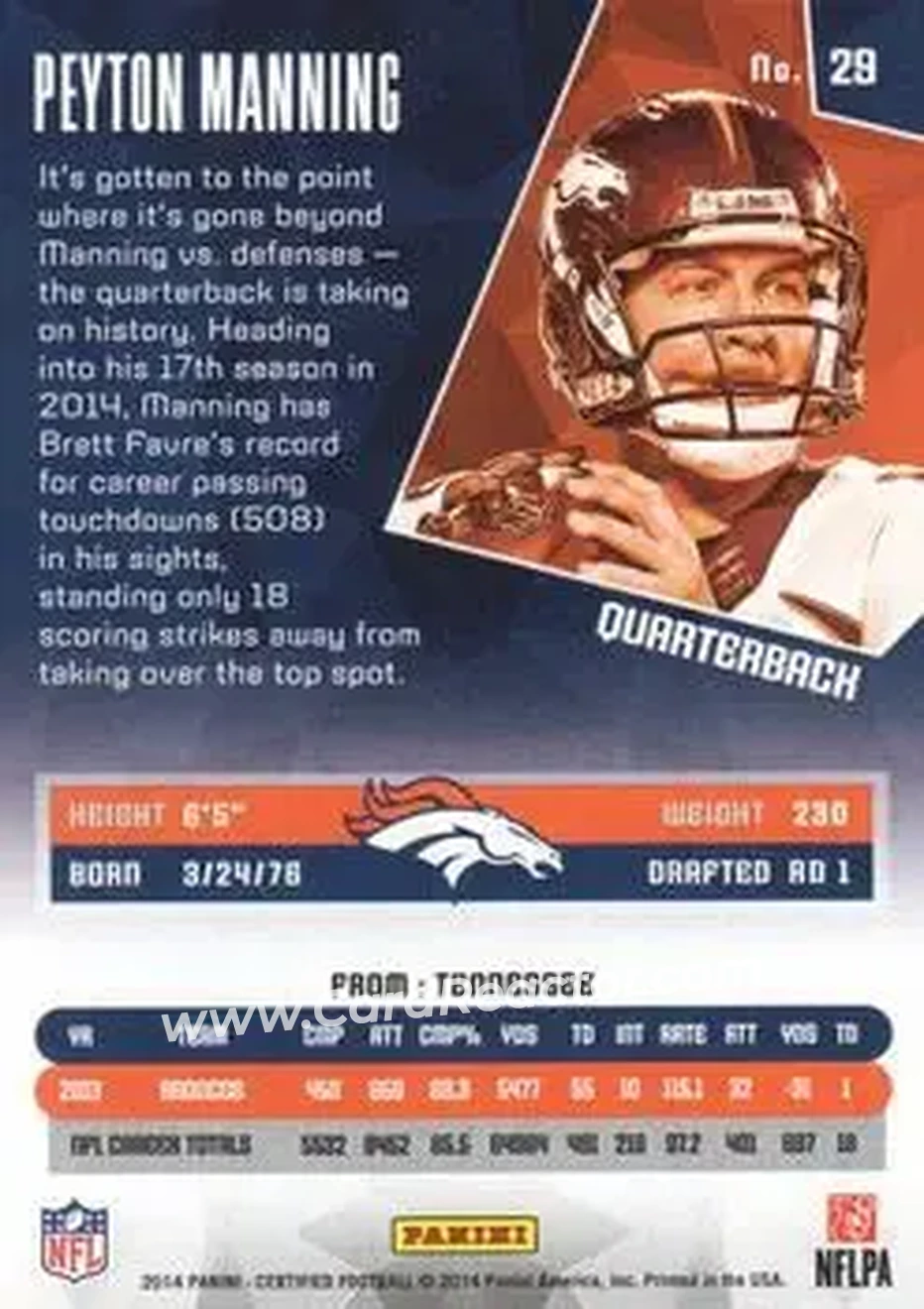 2014 Panini Certified #29 - Peyton Manning - Denver Broncos - Back