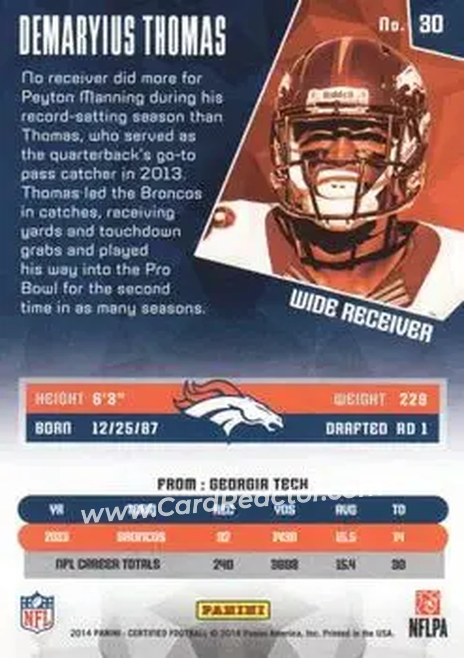 2014 Panini Certified #30 - Demaryius Thomas - Denver Broncos - Back