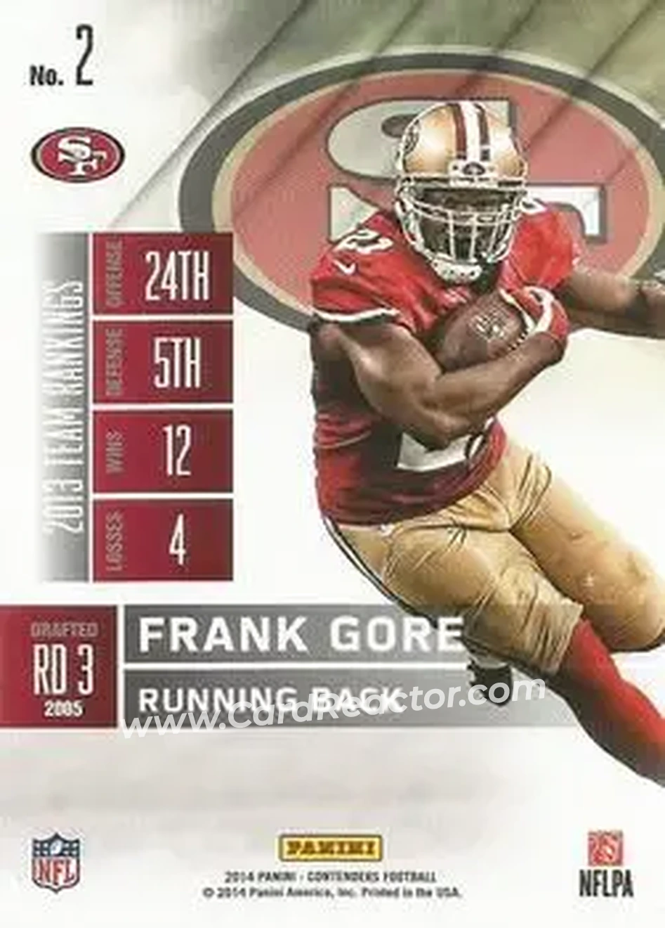 2014 Panini Contenders #2 - Frank Gore - San Francisco 49ers - Back