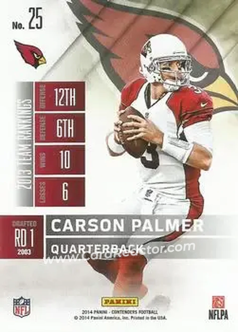 2014 Panini Contenders #25 - Carson Palmer - Arizona Cardinals - Back