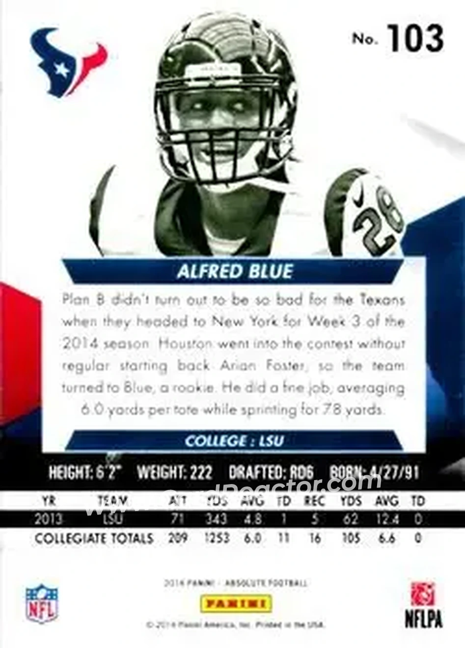 2014 Panini Absolute #103 - Alfred Blue - Houston Texans - Back