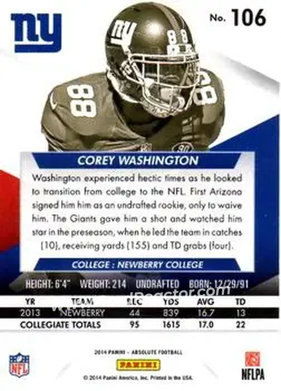 2014 Panini Absolute #106 - Corey Washington - New York Giants - Back 2014 Panini Absolute #106 - Corey Washington - New York Giants - Back
