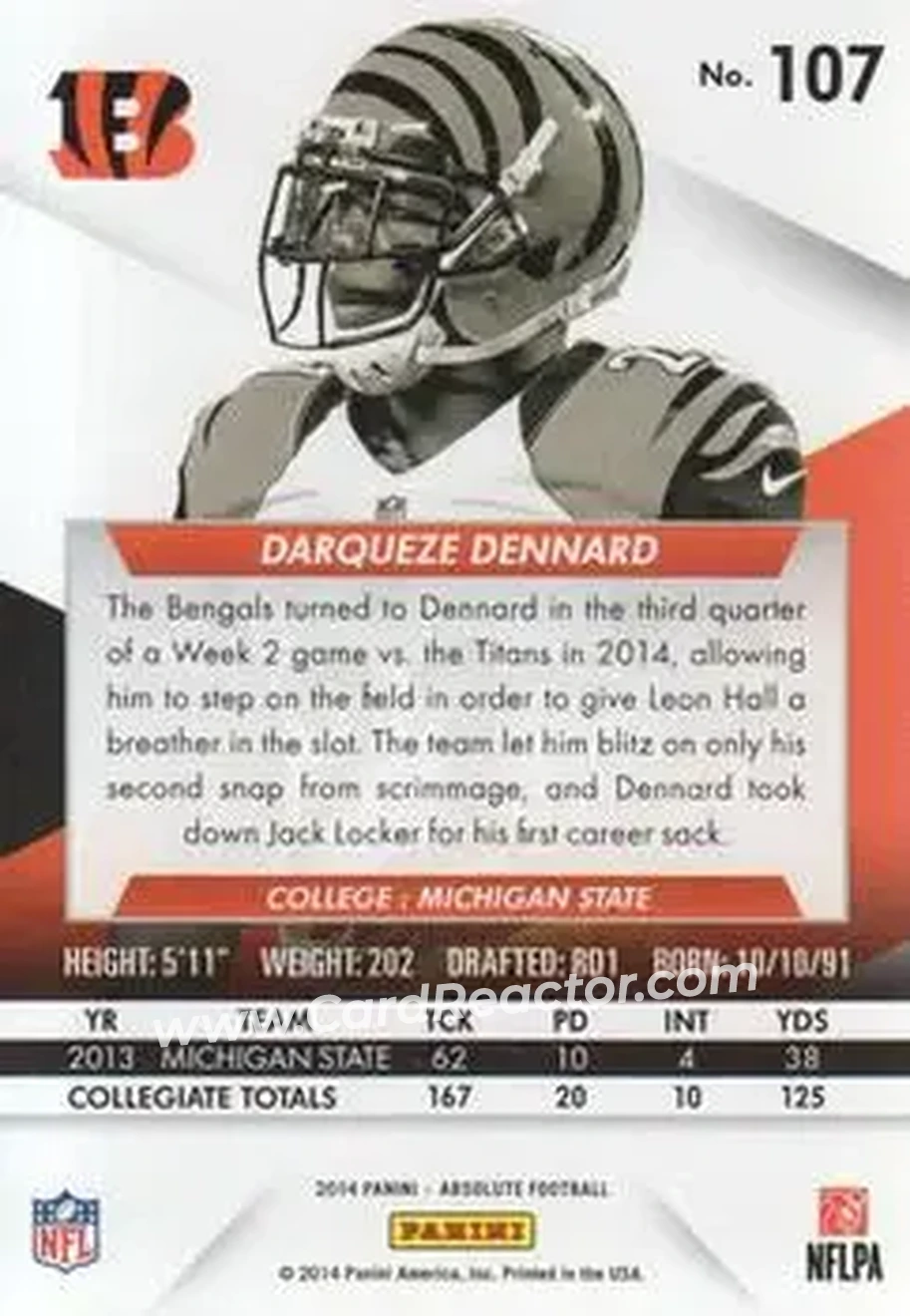 2014 Panini Absolute #107 - Darqueze Dennard - Cincinnati Bengals - Back