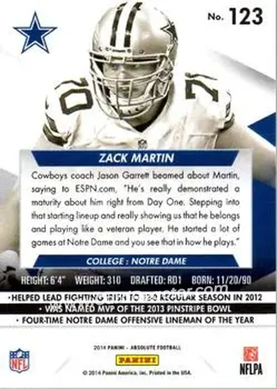 2014 Panini Absolute #123 - Zack Martin - Dallas Cowboys - Back