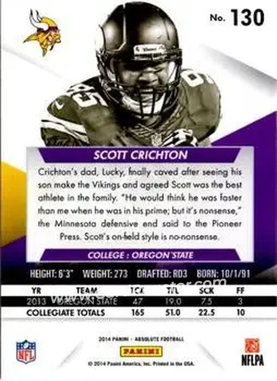 2014 Panini Absolute #130 - Scott Crichton - Minnesota Vikings - Back 2014 Panini Absolute #130 - Scott Crichton - Minnesota Vikings - Back
