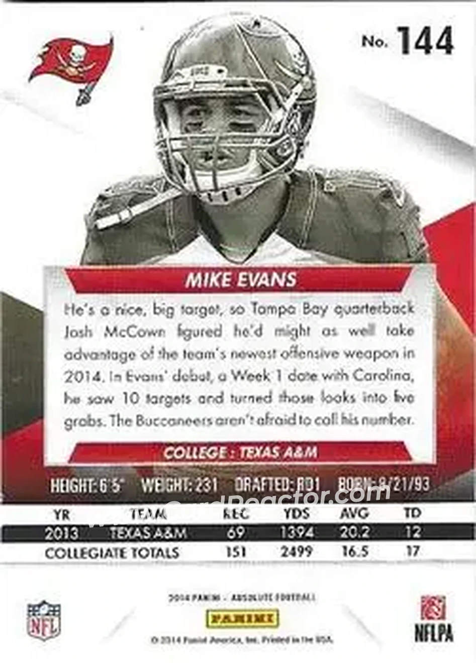 2014 Panini Absolute #144 - Mike Evans - Tampa Bay Buccaneers - Back