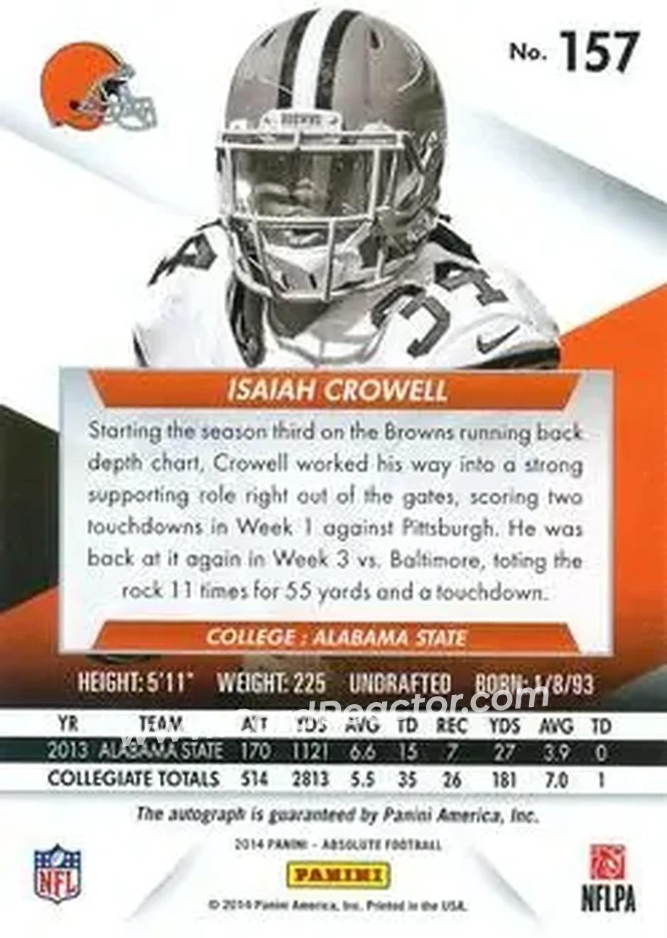 2014 Panini Absolute #157 - Isaiah Crowell - Cleveland Browns - Back